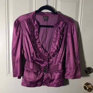 Dots purple ruffle collar 3 button belted 3/4 sleeve shirt jacket size XL